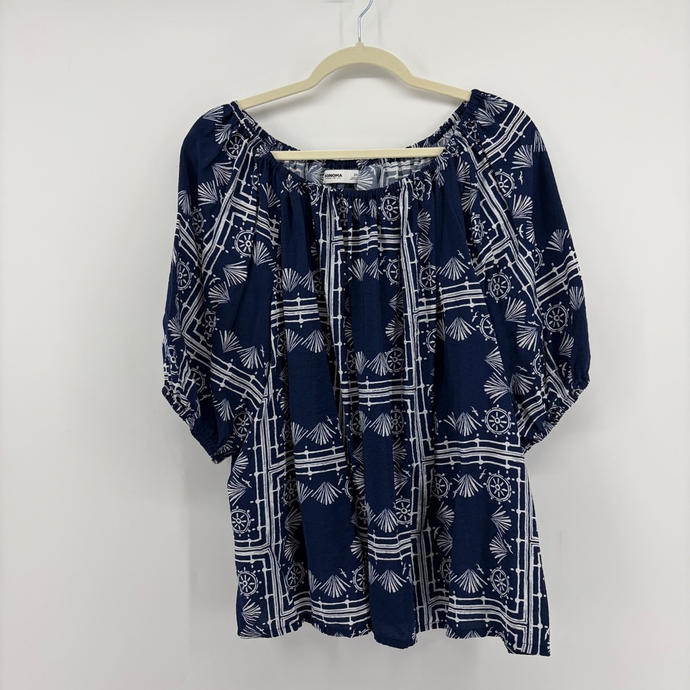 Sonoma Womens 2X Navy Blue Nautical Print Blouse Off Shoulder Puff Sleeve Top
